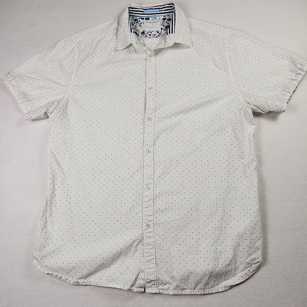 Ricky Singh Denim & Flower Mens Cotton Button Down Shirt Large Short Sleeve Dot